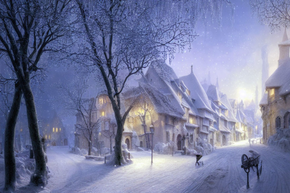 Snow-covered village with illuminated houses and figure pulling sled at twilight