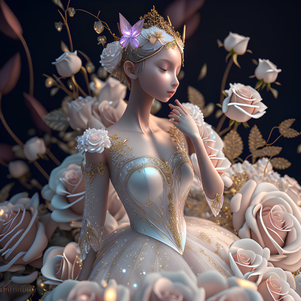 Animated princess in sparkling gown with jeweled tiara among roses