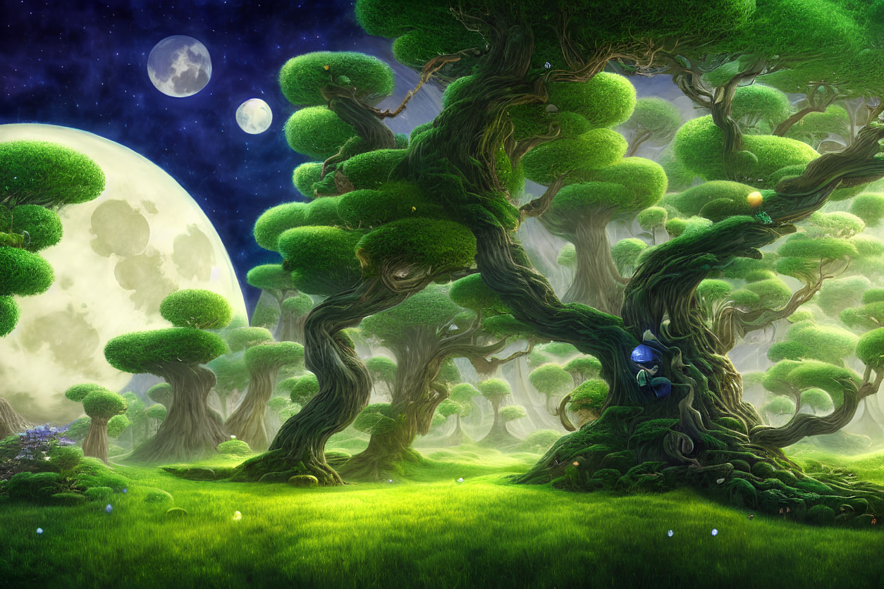 Mystical fantasy forest with twisted trees and glowing orbs at night