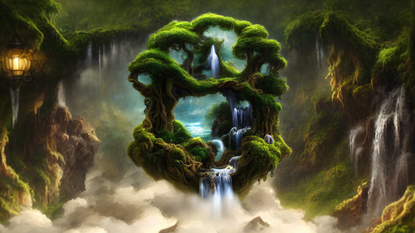 Fantasy floating island with lush greenery and waterfalls