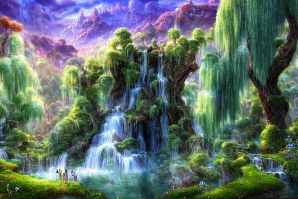 Fantasy landscape with greenery, waterfalls, small figures, colorful sky