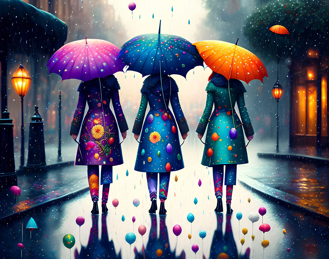 Colorful umbrellas and coats on rainy street with floating orbs