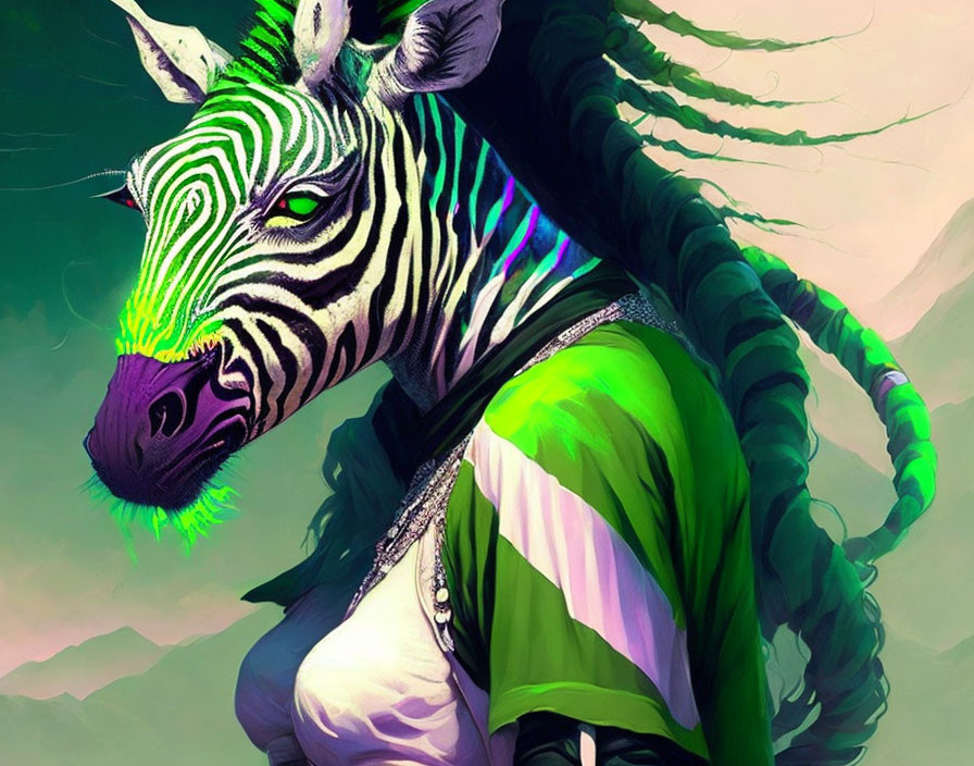 Surreal Zebra with Green Braided Hair in Mountain Scene