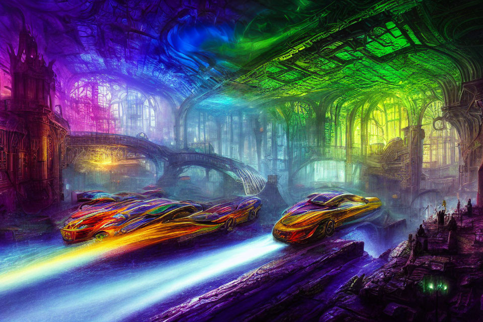 Futuristic cars race in neon-lit gothic cathedral