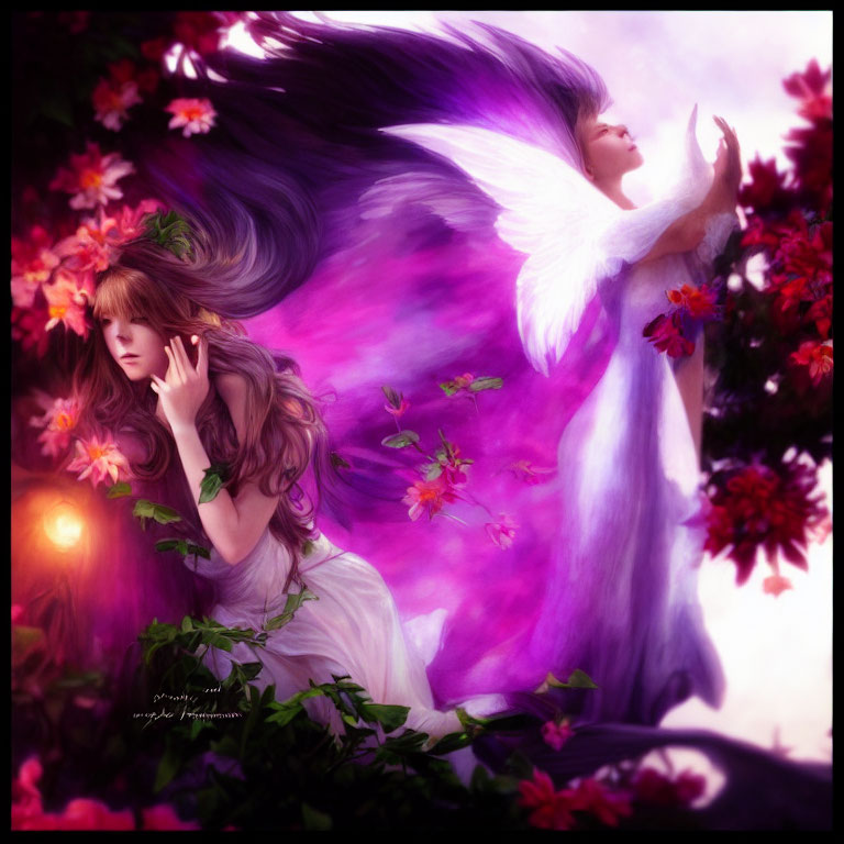 Ethereal artwork featuring two angels among vibrant flowers