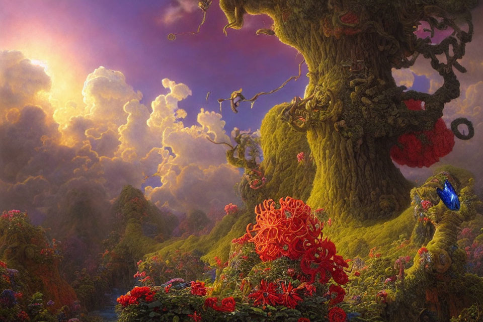 Majestic tree in vibrant fantasy landscape with colorful flora