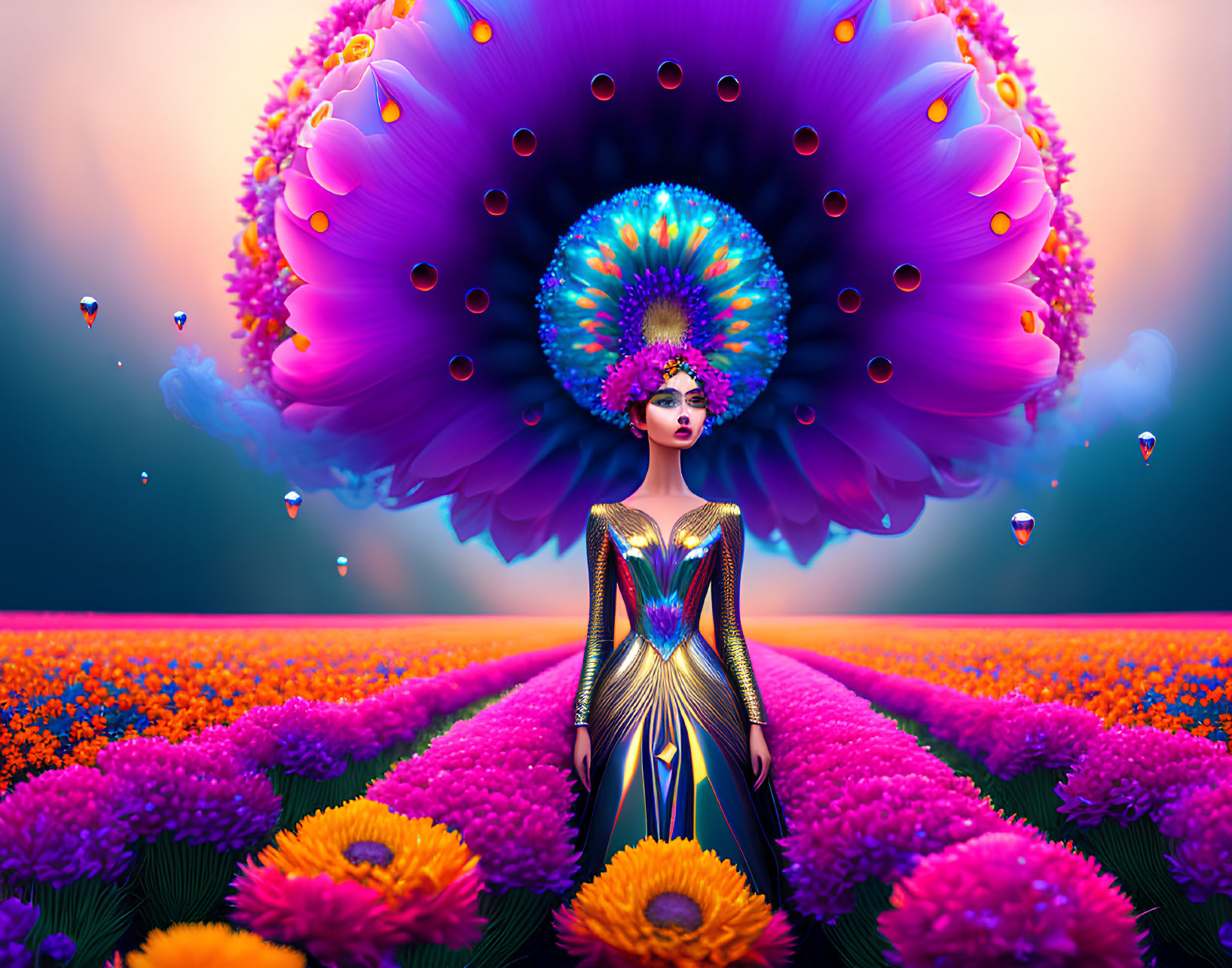 Woman in vibrant dress with surreal peacock headdress in flower field sunset scene