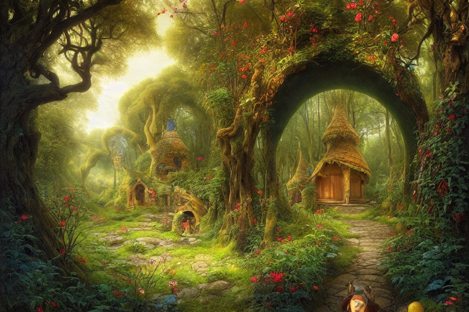 Whimsical enchanted forest scene with cottages, cobblestone path, lush greenery, and