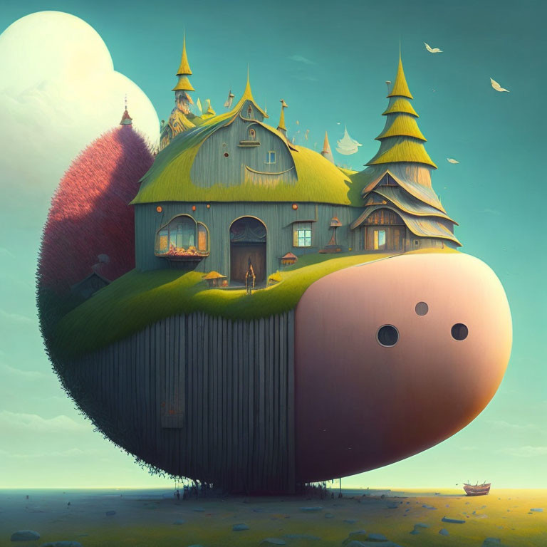 Whimsical floating whale-shaped island with house, towers, birds, and boat