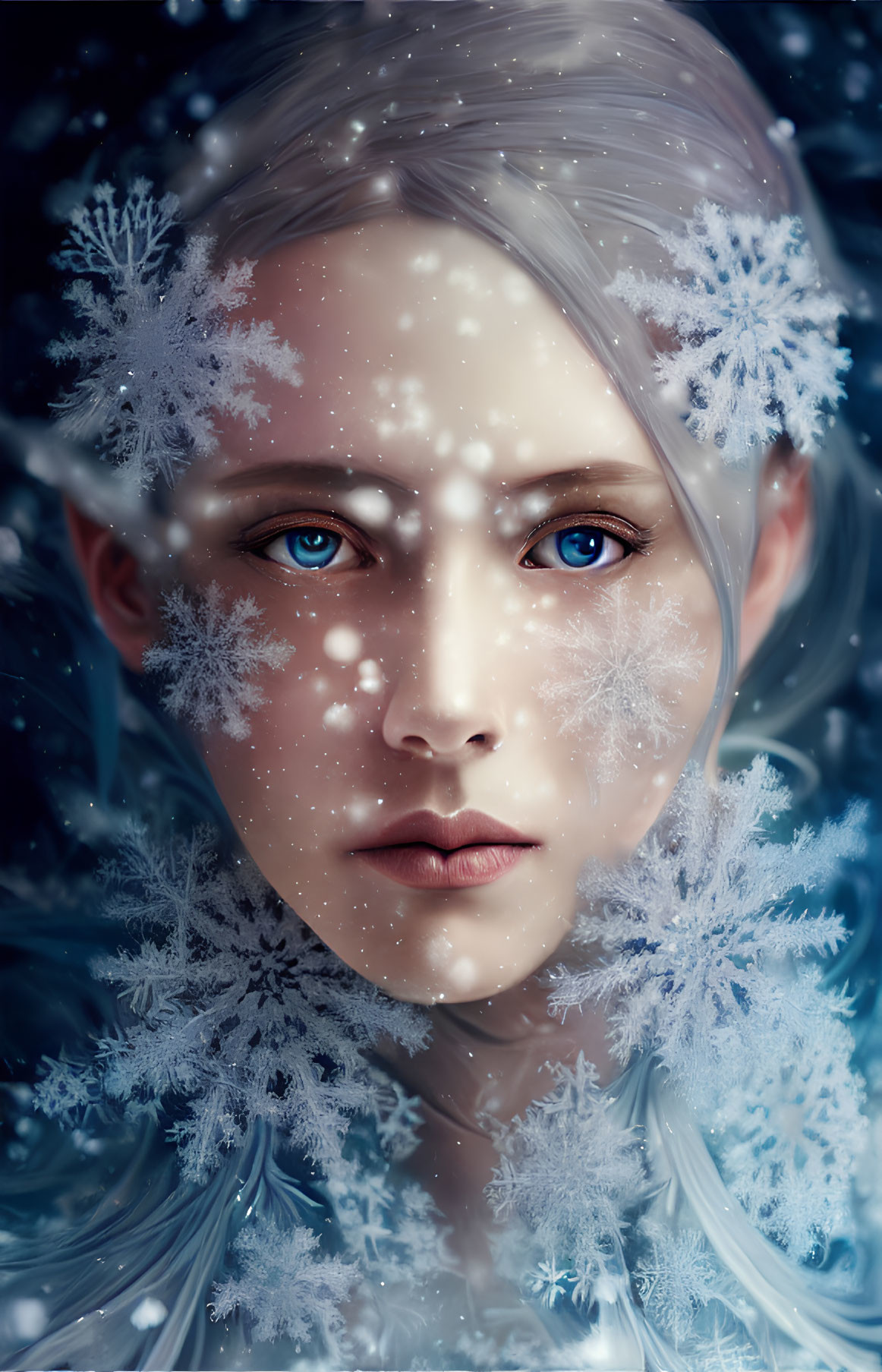 Close-up Digital Portrait of Person with Blue Eyes, Pale Skin, White Hair & Snowflake Adorn