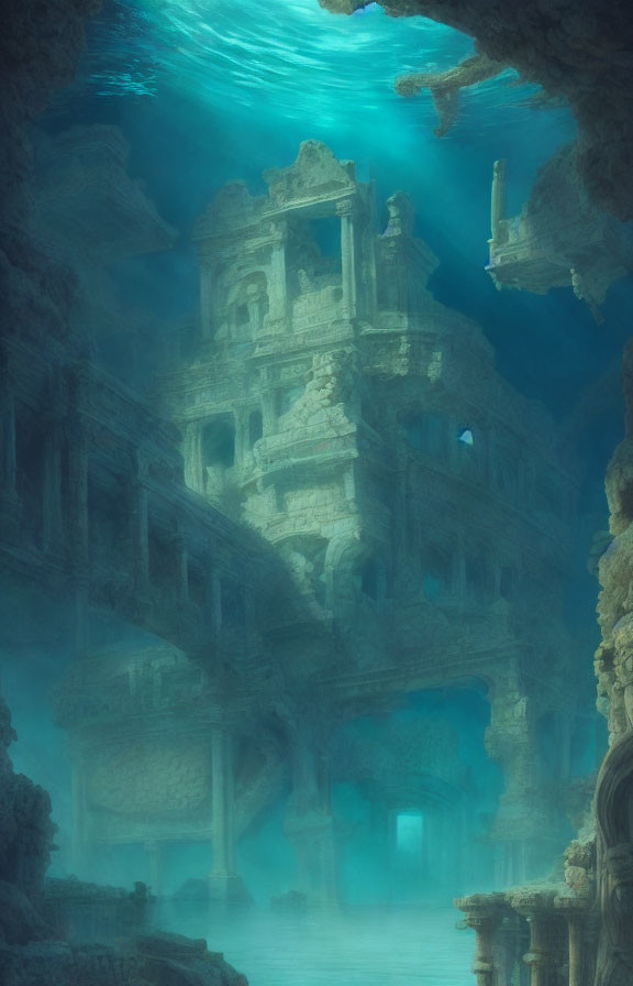 Mysterious Ancient Submerged City in Ethereal Blue Light