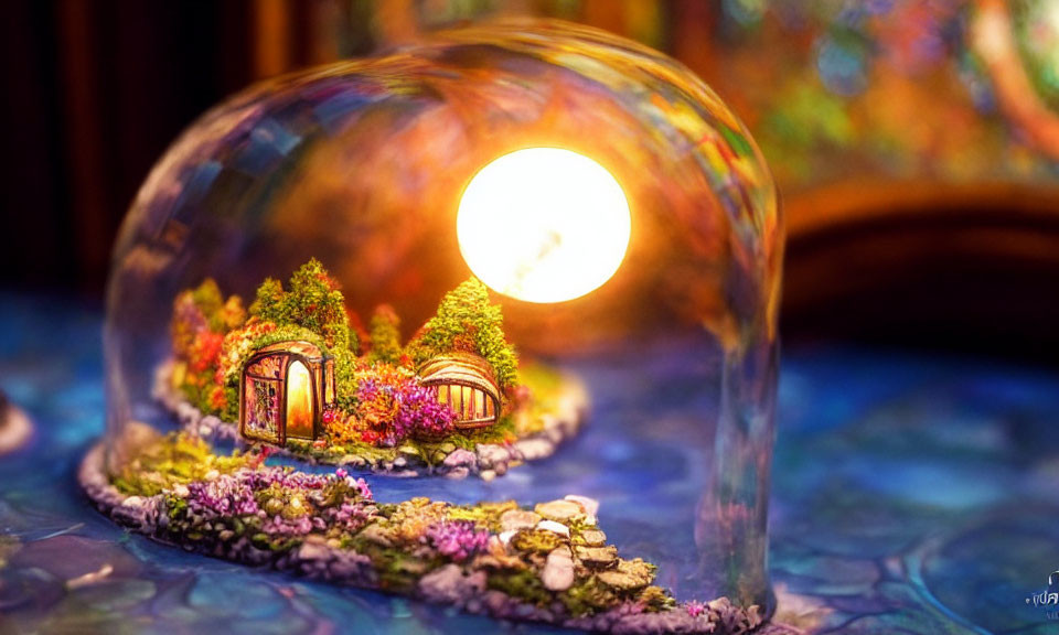 Miniature garden with vibrant flowers and trees under glass dome and warm glow bulb
