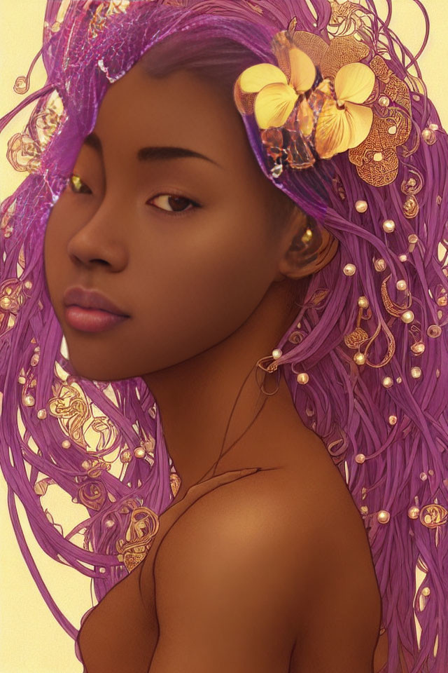 Vivid purple hair woman with gold jewelry and flowers on warm background