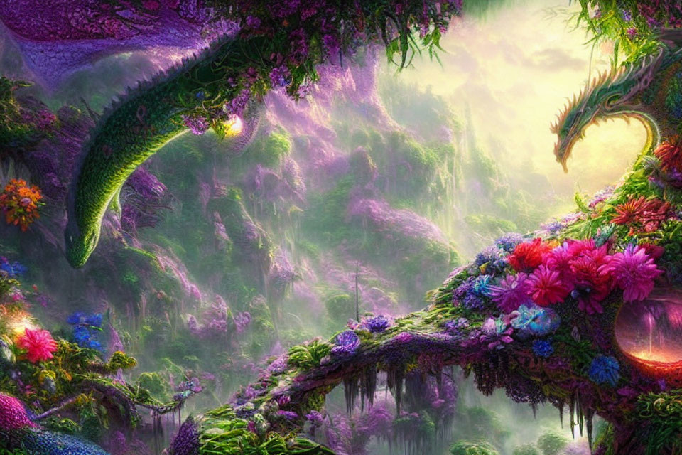 Fantasy landscape with lush greenery, colorful flowers, and dragon head.