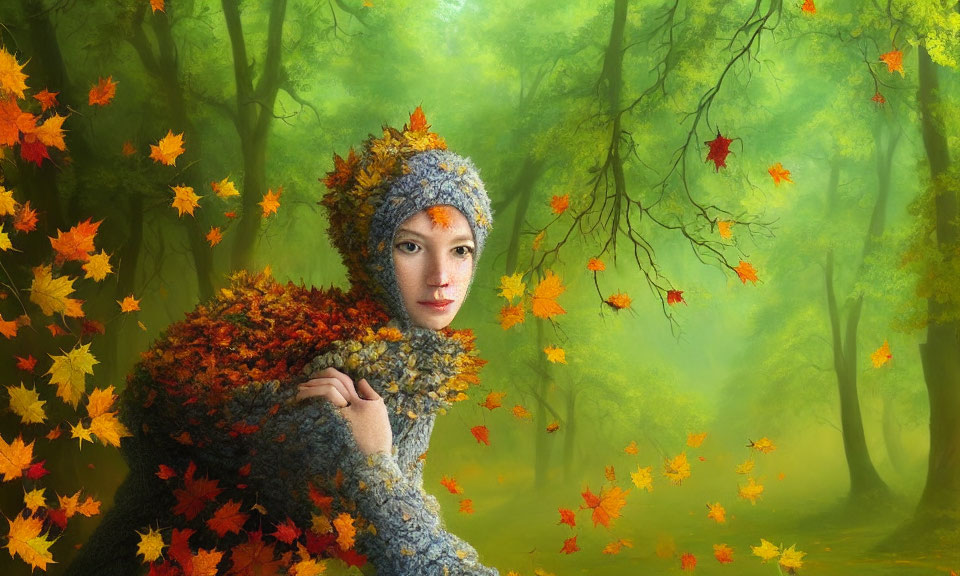 Person in Textured Autumnal Outfit Blending with Vibrant Forest Scene
