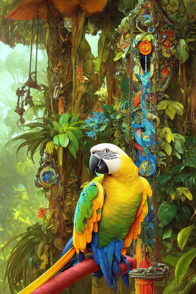 Colorful Parrot on Vine in Clock and Greenery Jungle Scene