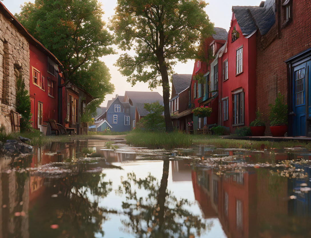 Traditional European-style houses on tranquil street at sunset by calm waterway.