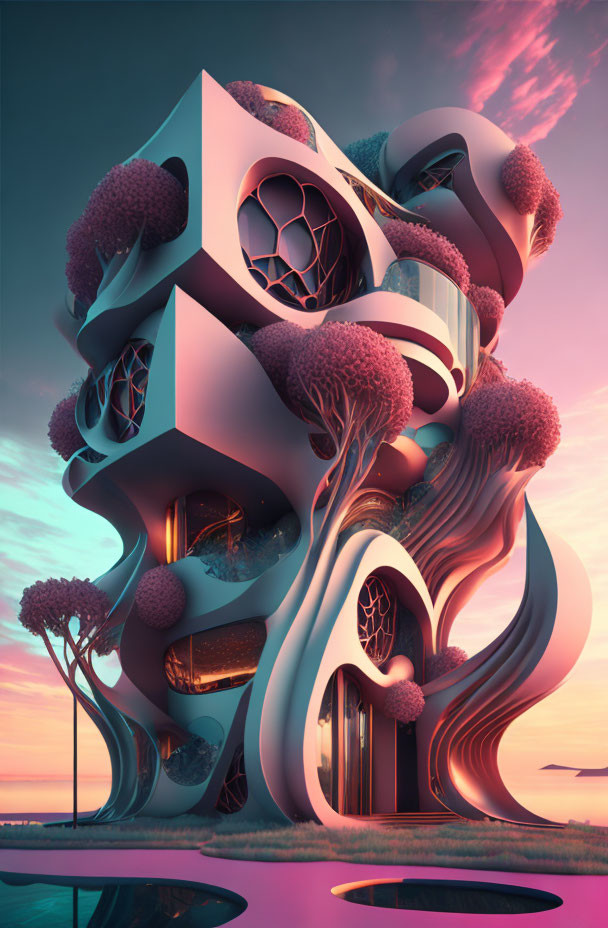 Futuristic building with organic shapes in surreal landscape