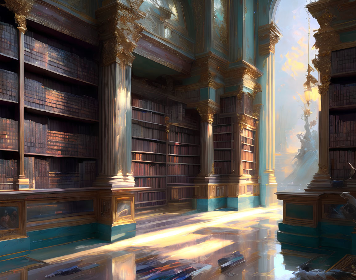 Luxurious library with wooden bookshelves, golden accents, and sunlight streams