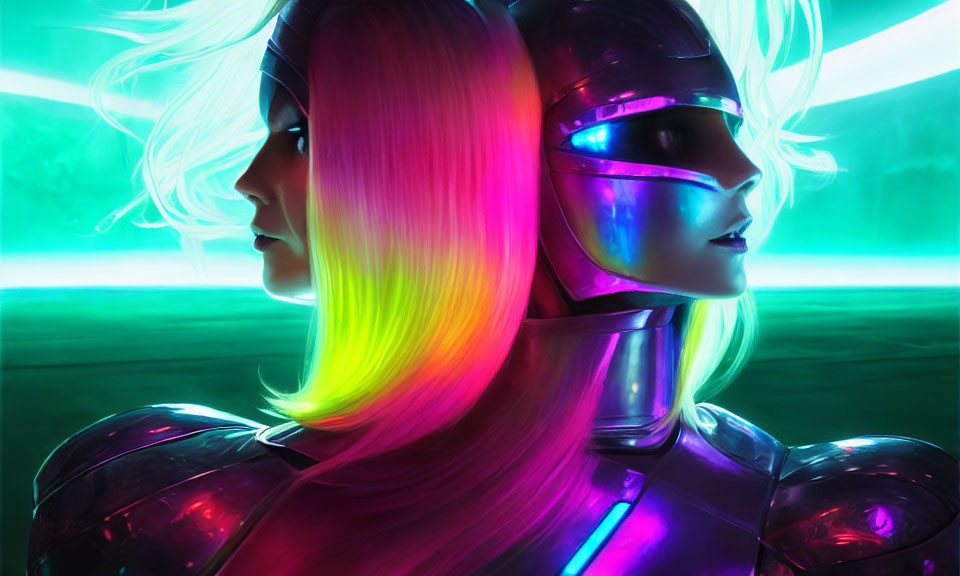 Two neon-haired female figures in futuristic armor on vibrant green backdrop