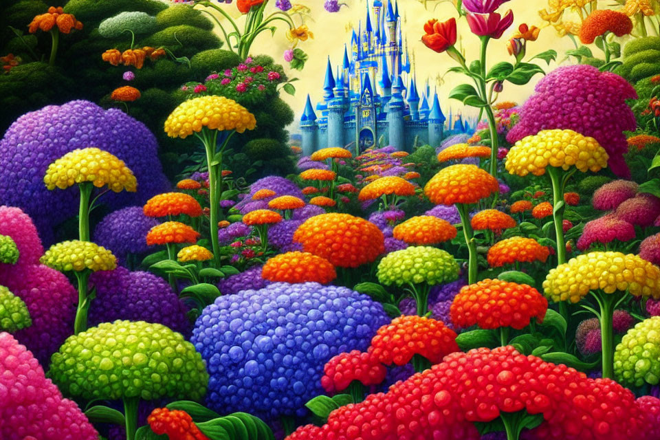 Colorful Garden with Oversized Flowers and Fairytale Castle Skyline