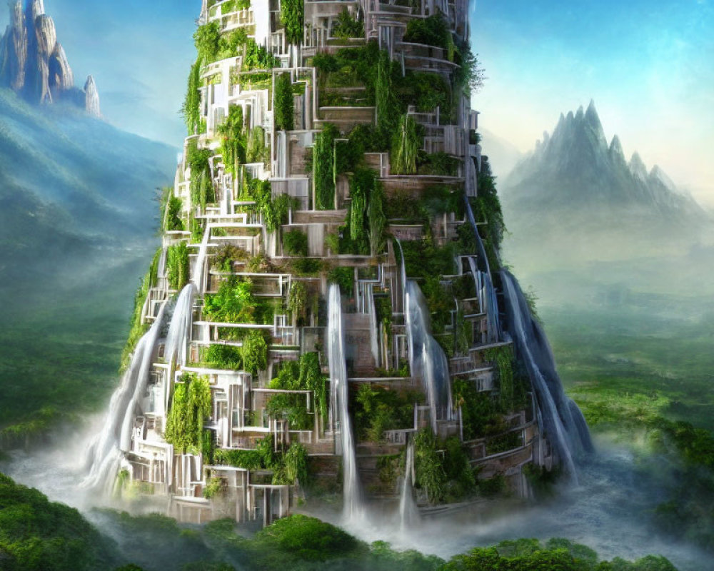 Lush Greenery Covered Tower with Waterfalls in Mountainous Landscape