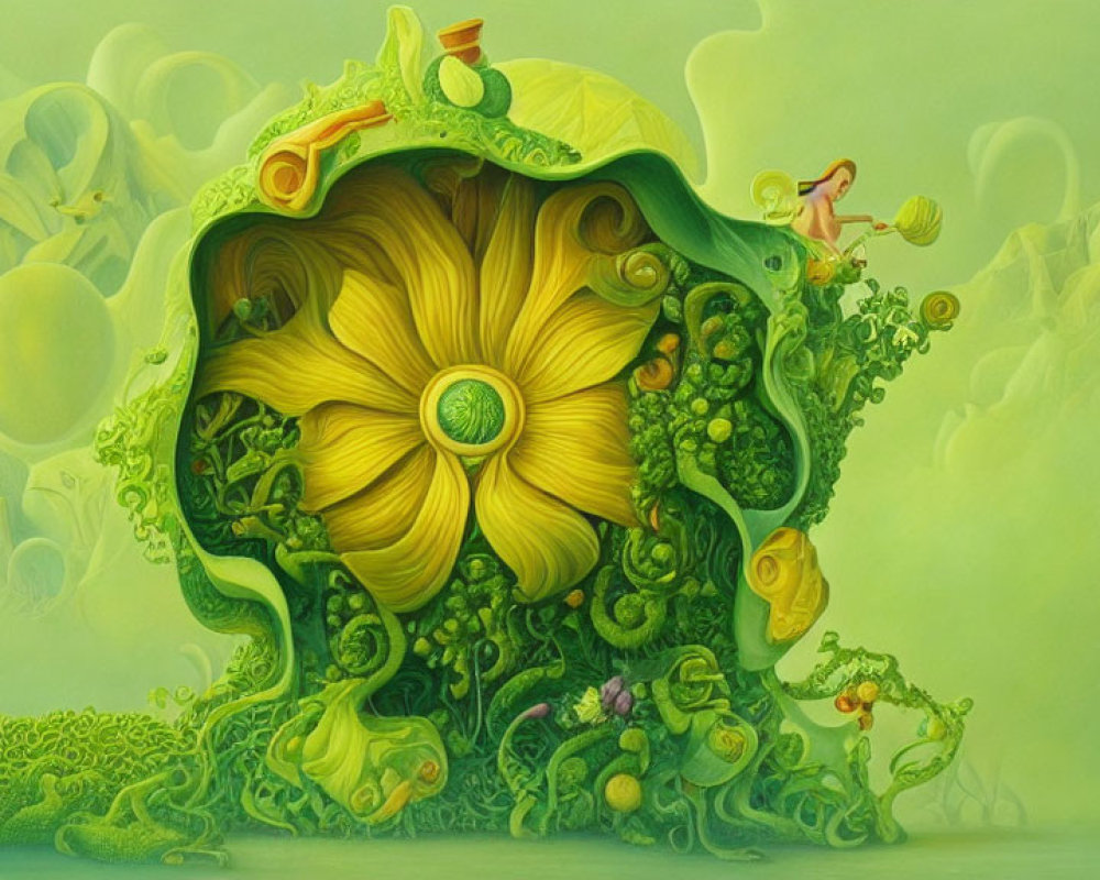 Vibrant green landscape with giant yellow flower and skateboarding figure