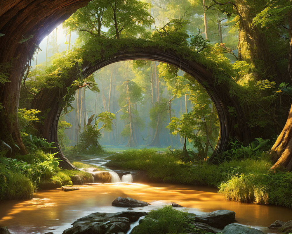Tranquil Stream Under Natural Arch in Enchanted Forest