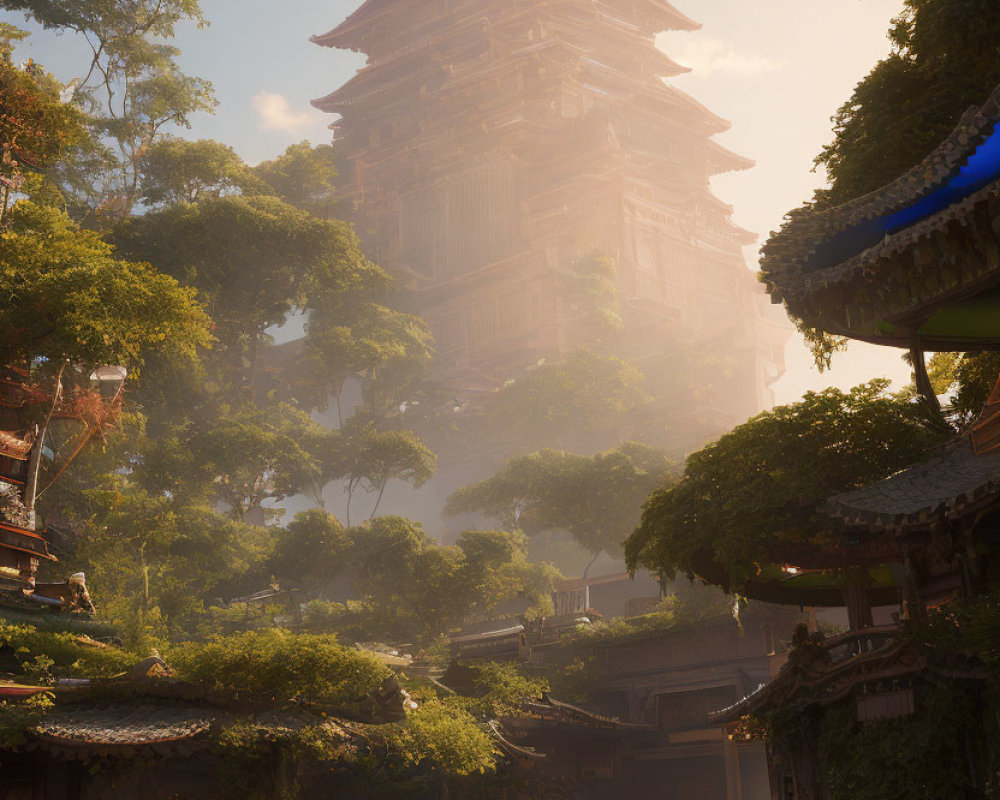 Ancient village with towering pagoda in golden sunrise