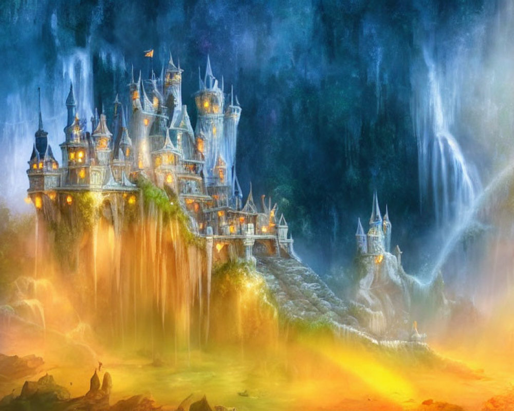 Fantastical castle with multiple towers on rocky pinnacle with glowing golden waterfall