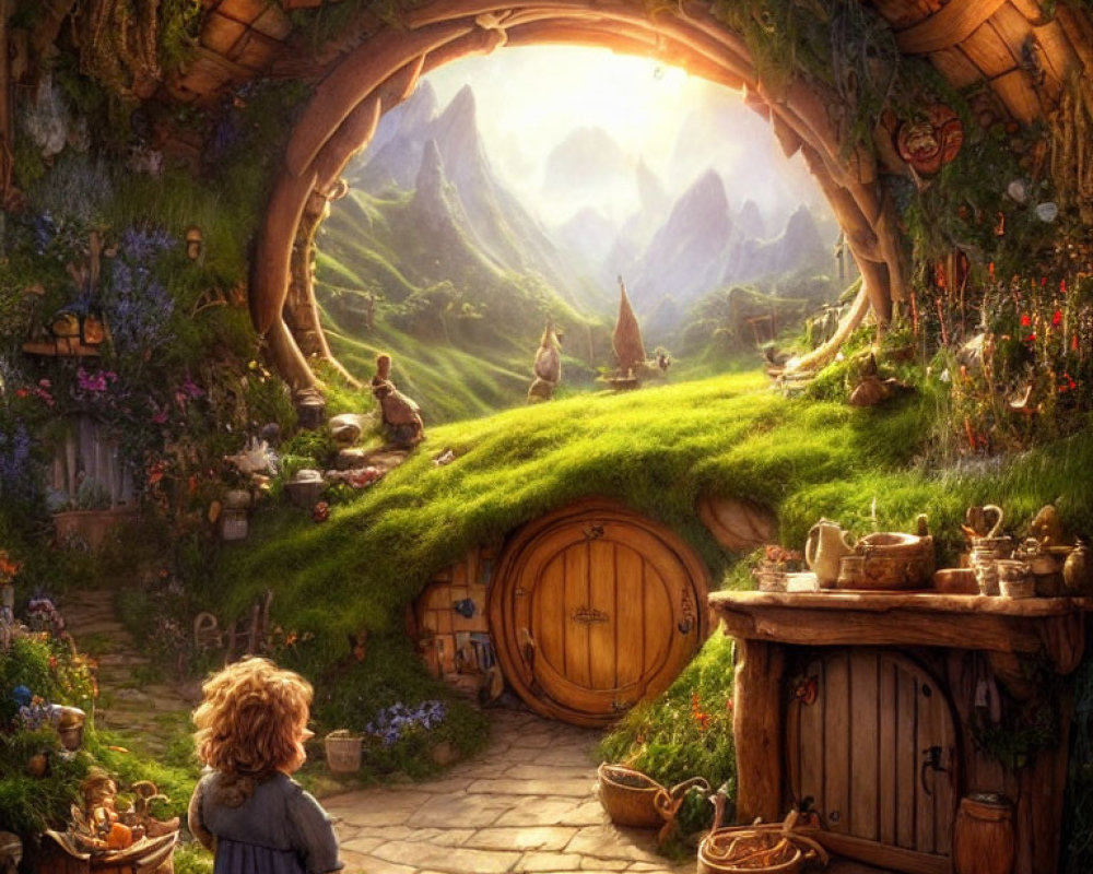 Fantasy landscape with hobbit-like figure and round door dwelling