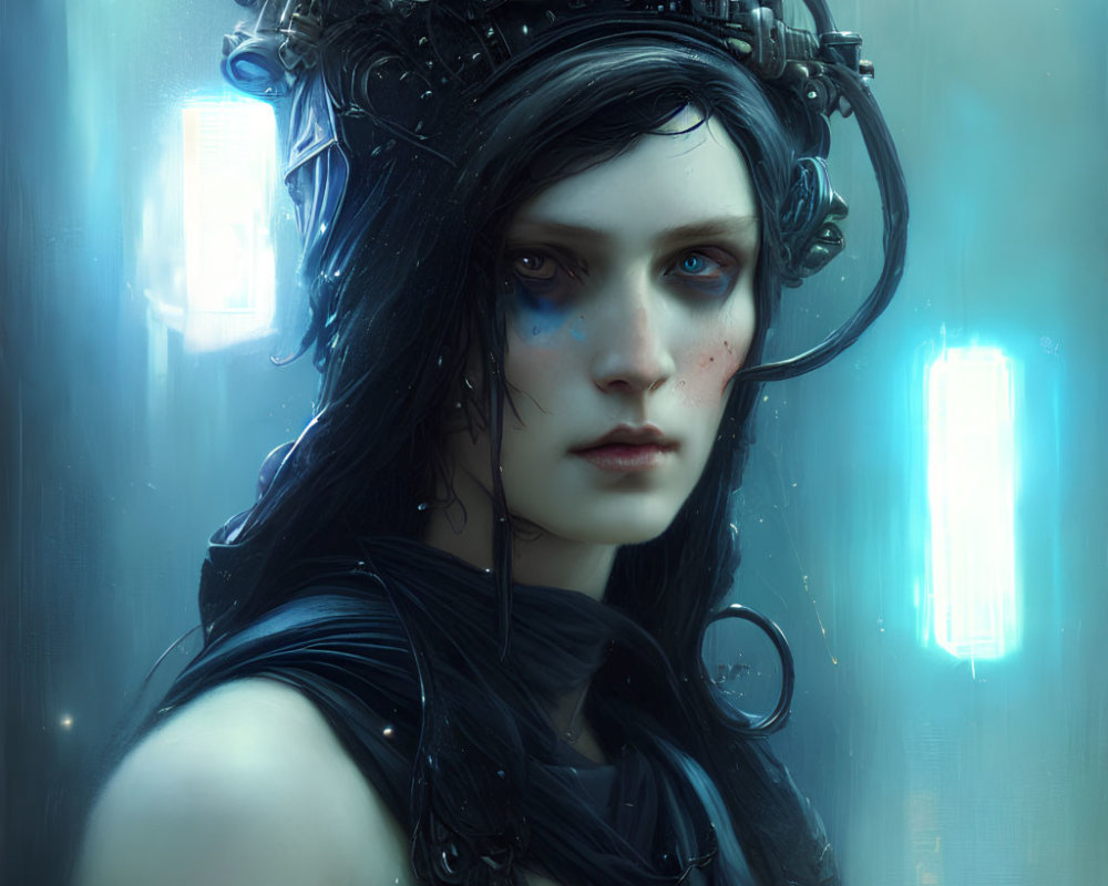 Detailed Digital Portrait of Woman with Futuristic Headset on Cool-Toned Background