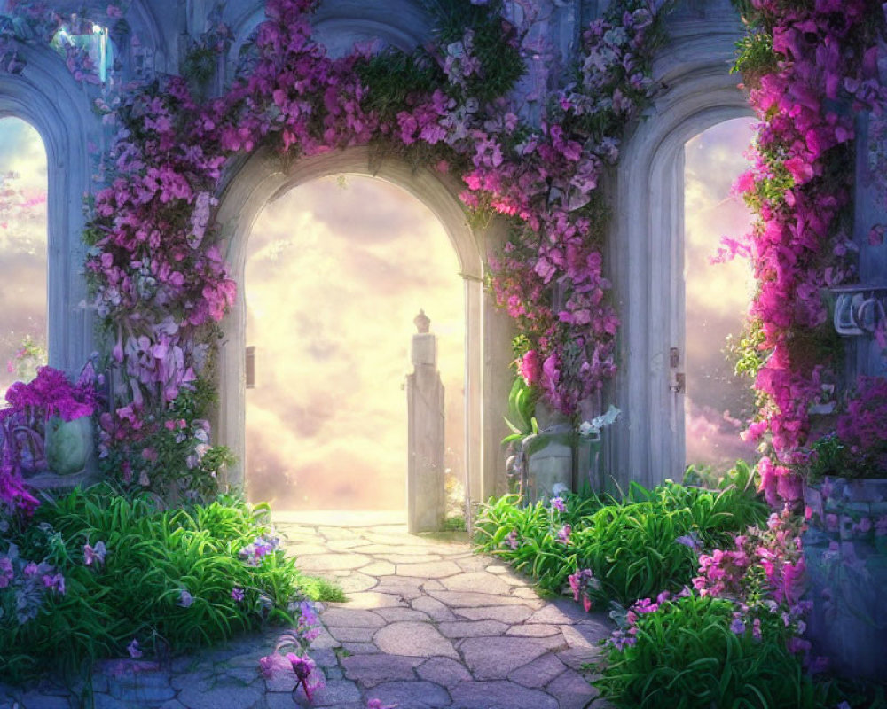 Enchanting archway with pink flowers over mystical glowing landscape