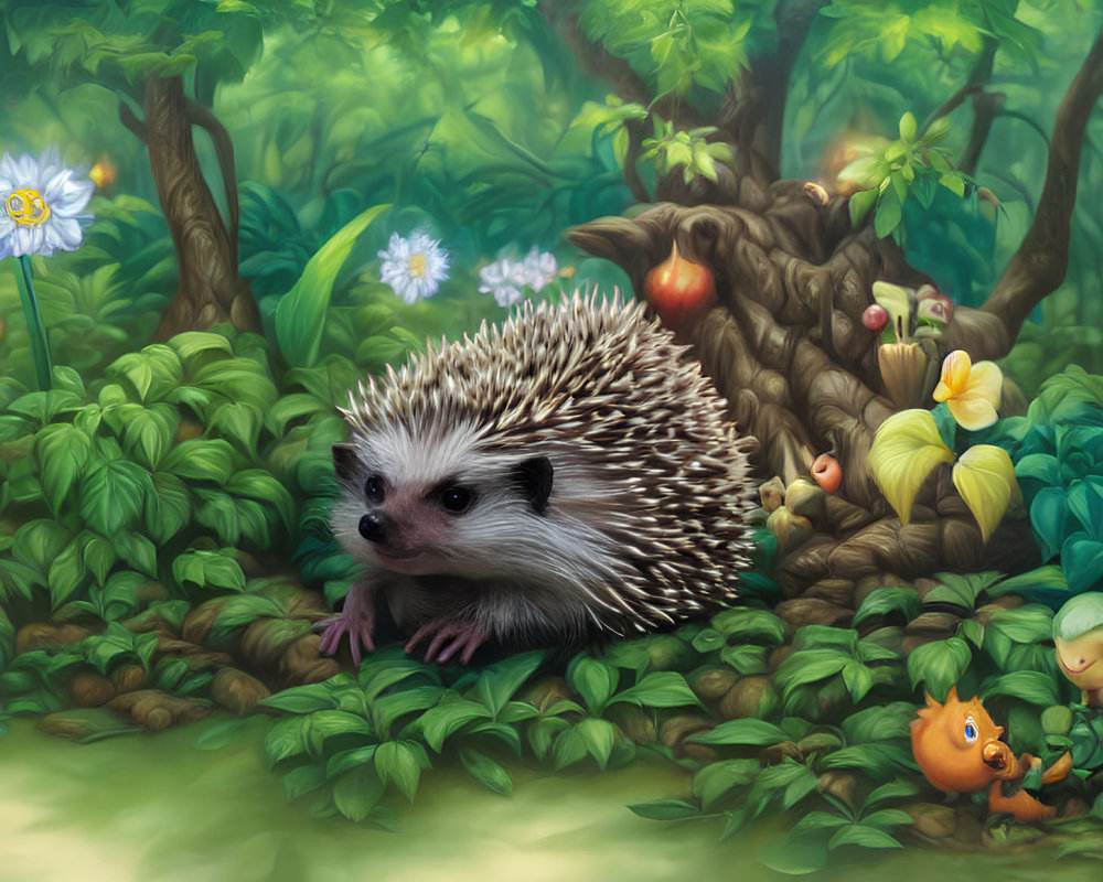 Vibrant forest scene with hedgehog and colorful creatures