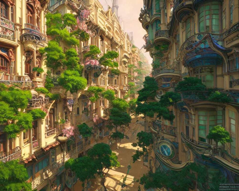 Detailed digital artwork of a fantasy city with ornate buildings, bridges, and greenery under golden light