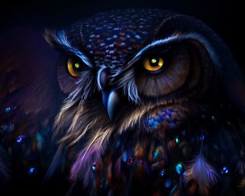 Vividly colored owl with yellow eyes and iridescent spots on dark background
