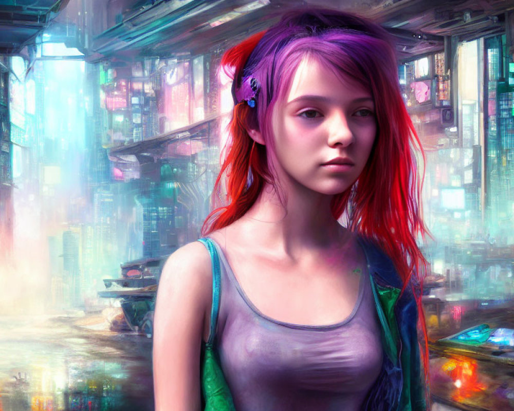 Red-haired woman with purple hair accessory in front of neon-lit futuristic cityscape