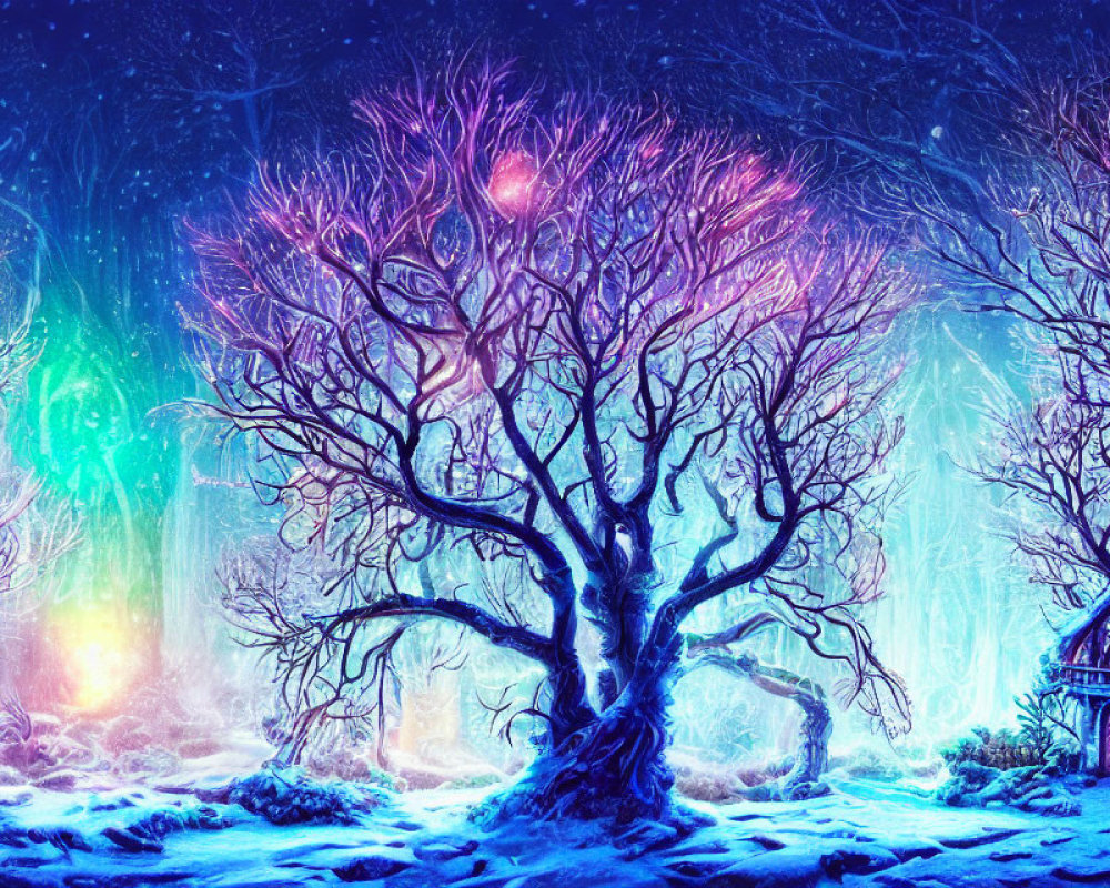 Enchanted winter scene with glowing tree and aurora skies