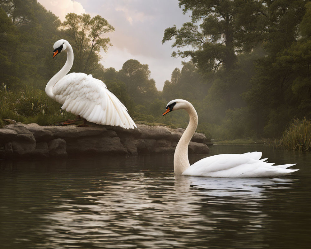 Swans by serene misty lake with forested banks