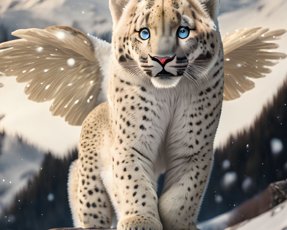 Snow leopard-bodied creature with eagle wings on branch in snowy mountain scene