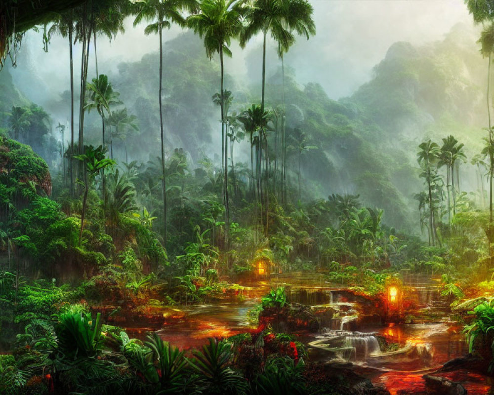 Lush rainforest with tall trees, dense foliage, and glowing stream
