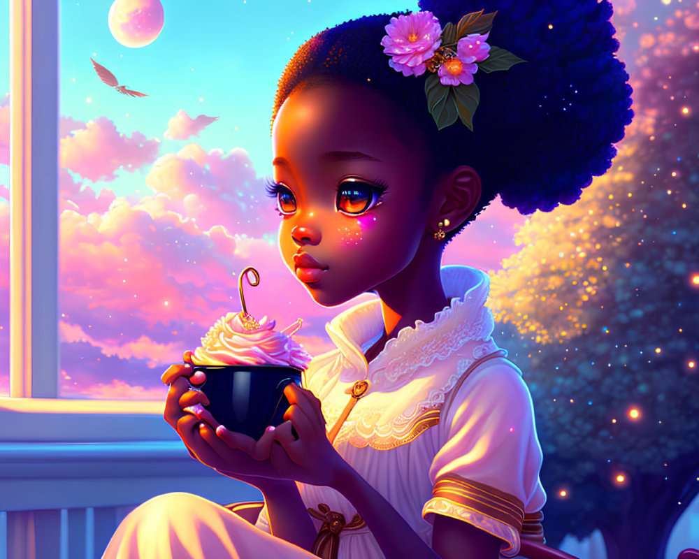 Digital painting: Young girl with magical cupcake in cosmic setting