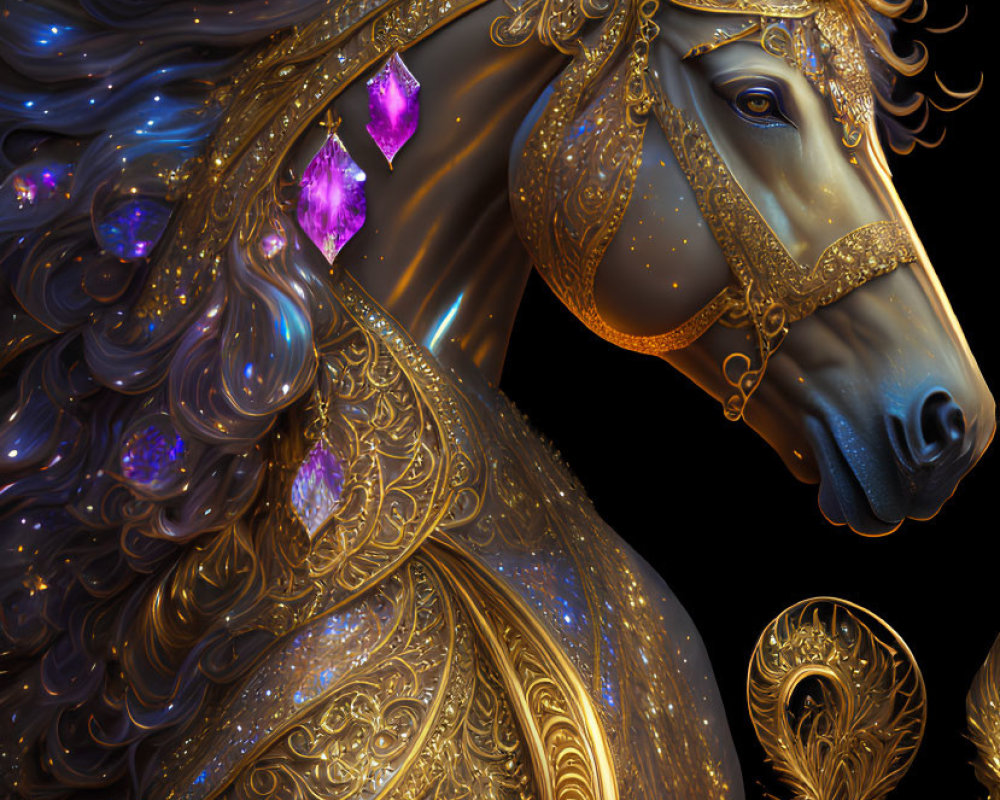 Majestic horse digital artwork with golden embellishments