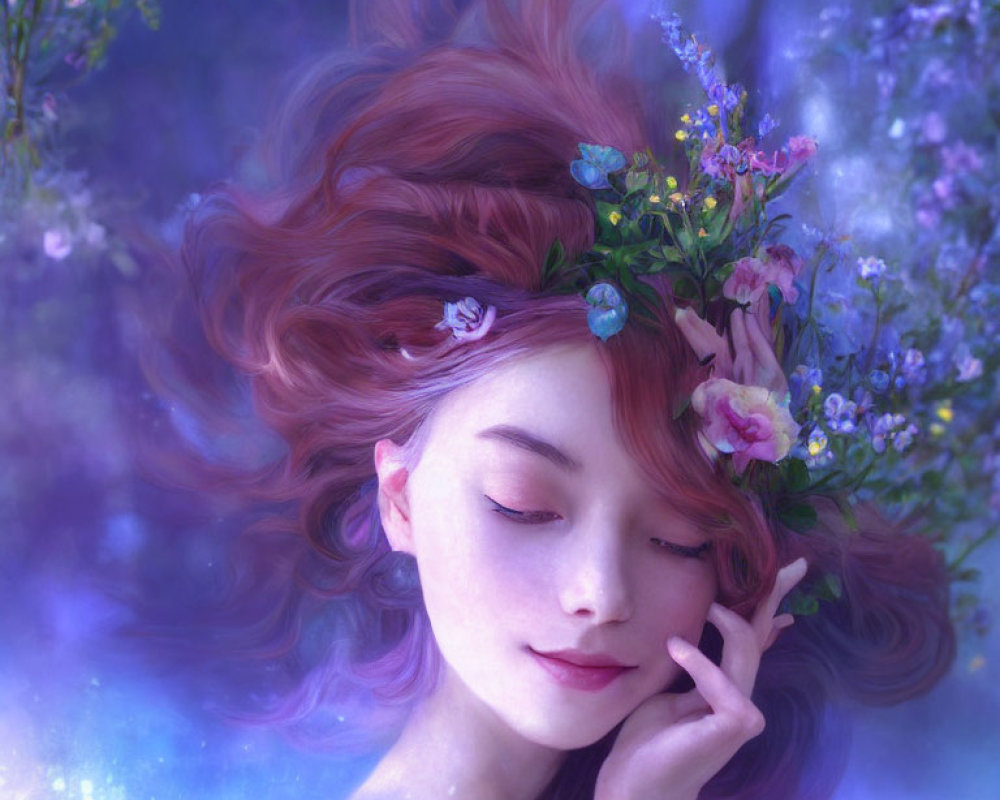 Woman with Auburn Hair and Flowers in Dreamy Blue Background