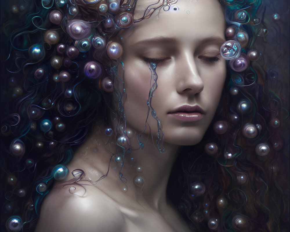 Surreal portrait of woman with liquid pearl tear and curly hair