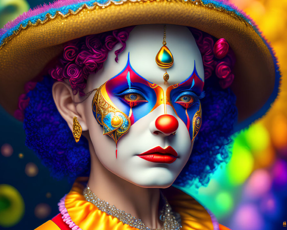 Colorful Clown Portrait with Elaborate Face Paint and Costume