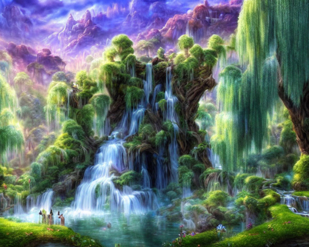 Fantasy landscape with greenery, waterfalls, small figures, colorful sky