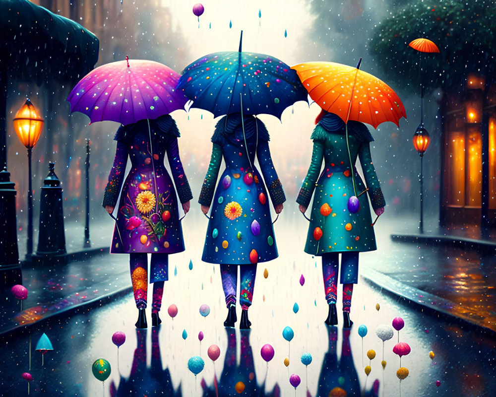 Colorful umbrellas and coats on rainy street with floating orbs