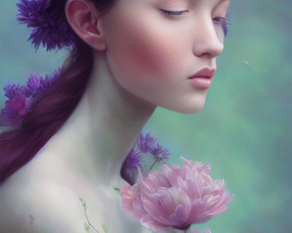 Person with closed eyes wearing crown of purple and pink flowers on dreamy background.
