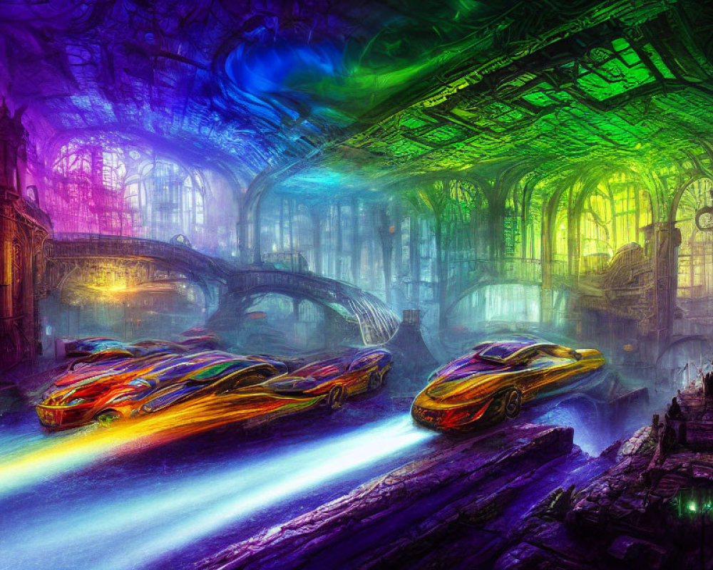 Futuristic cars race in neon-lit gothic cathedral